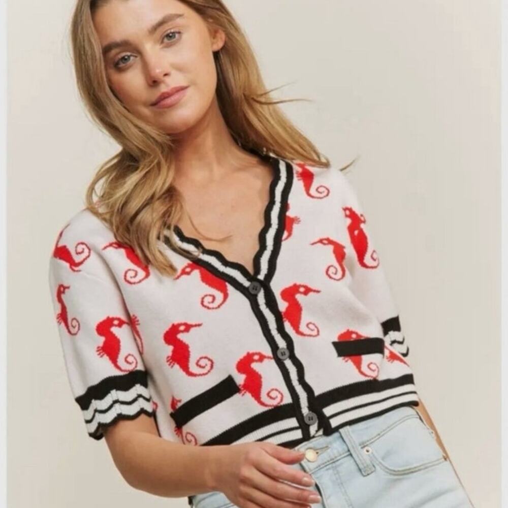 Sweet Generis Crop Cardigan Ivory with Red Seahorse‎ V Neck Size L